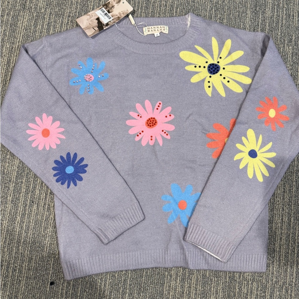 Hannah Banana Floral Gray Sweater with rhinestone embellishments